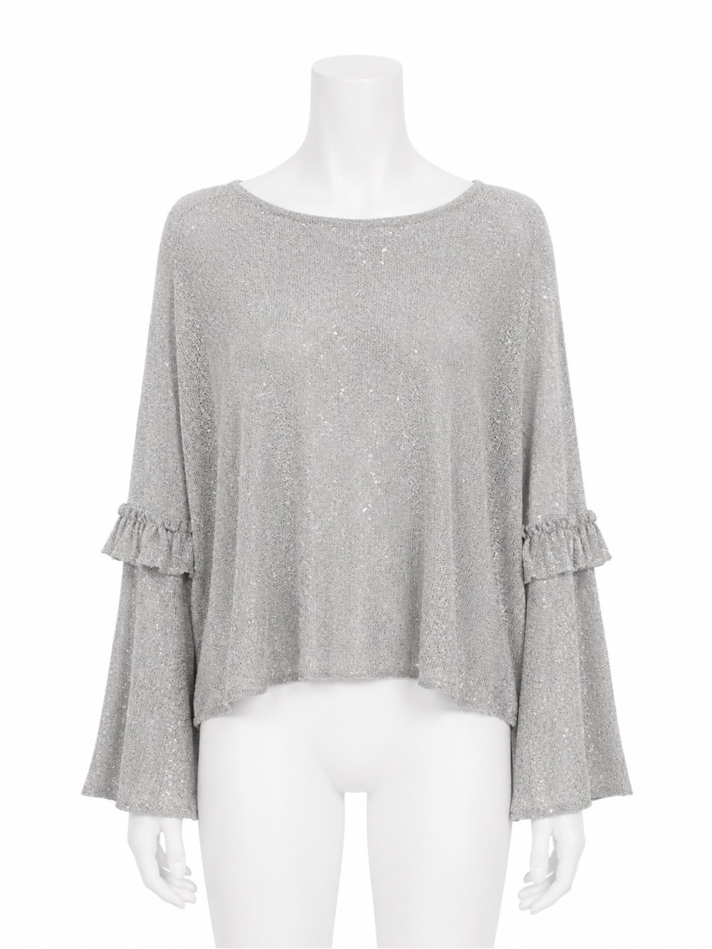 ZARA Knitwear Grey Silver Sparkle Bell Sleeve Blouse Metallic Medium NWT